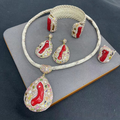 Four-piece jewelry set with white snakeskin leather, red coral-like inlays, pearls, and gemstones. - Image 11