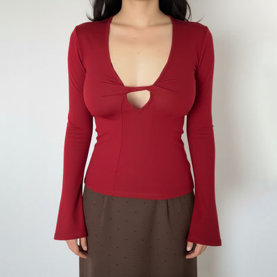 Camiseta Interior Sexy Cuello Profundo Manga Larga Ajustada