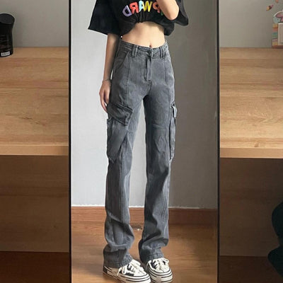 Jeans de Trabajo Gris Vintage con Bolsillos Funcionales para Mujer - Image 6