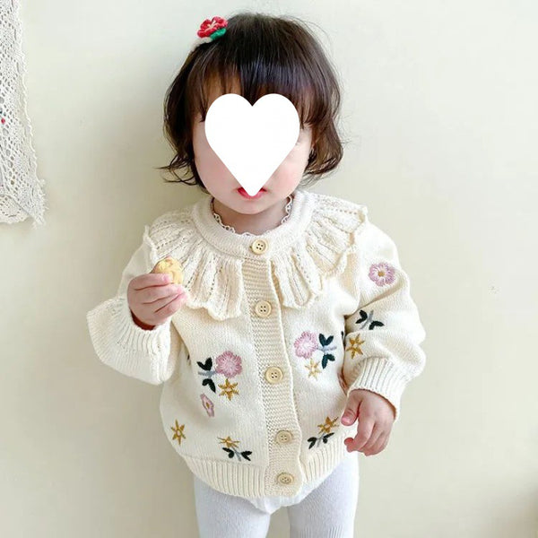 Cardigan Infantil de Punto con Cuello Bordado de Loto - Abrigo Cálido de Manga Larga