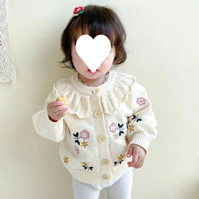 Cardigan Infantil de Punto con Cuello Bordado de Loto - Abrigo Cálido de Manga Larga