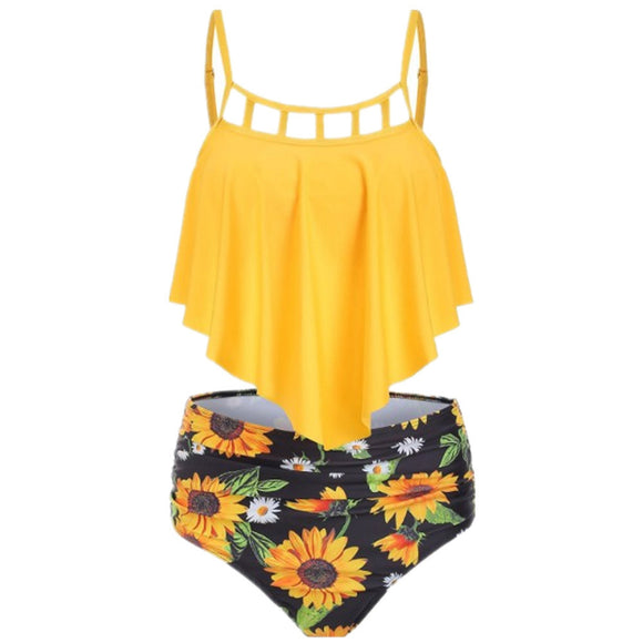 Bikini Talle Alto con Volantes y Estampado Girasoles Europeo