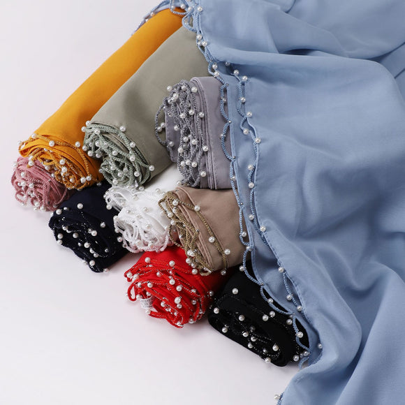 Pearled Gauze Scarf with Wavy Edges and Beaded Details