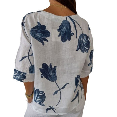 Blusa Estampada de Algodón y Lino con Cuello en V - Image 5
