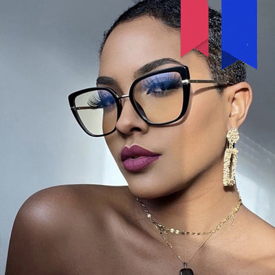 Blue and brown patterned butterfly frame anti-blue light glasses with gold-tone temples and blue temple tips.