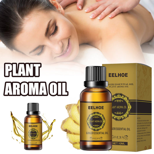EELHOE Ginger Essential Oil 10ml bottle and box, a plant aroma and vegetable aromatic oil for massage or humidifier.
