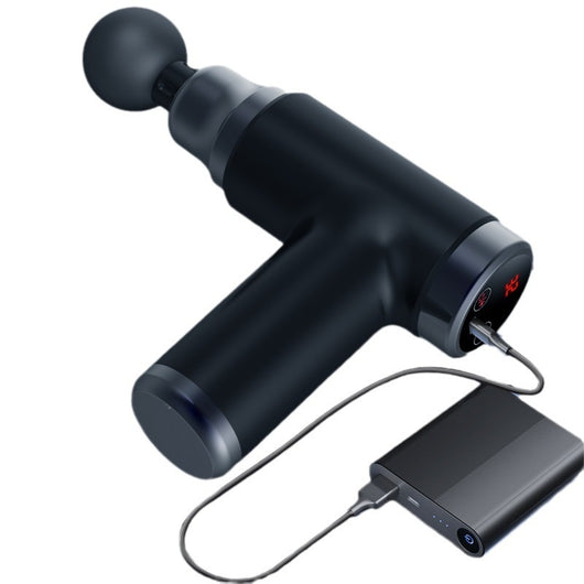 Black mini massage gun with a spherical head attachment and an LCD screen showing "32" with power and intensity buttons. - Image 5