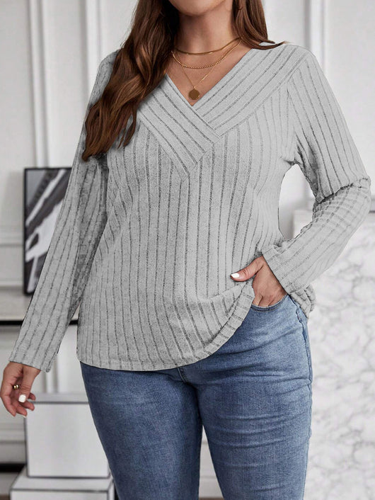 Suéter Tipo Polera Plus Size Cuello V Cruzado Manga Larga Textura Acanalada - Image 27