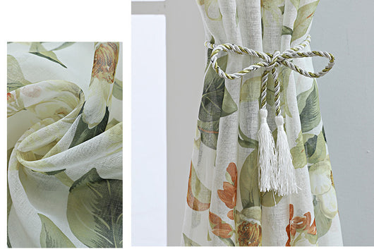 Dark gray semi-sheer curtains with a white and green floral pattern, hung on a black rod in a living room. - Image 25