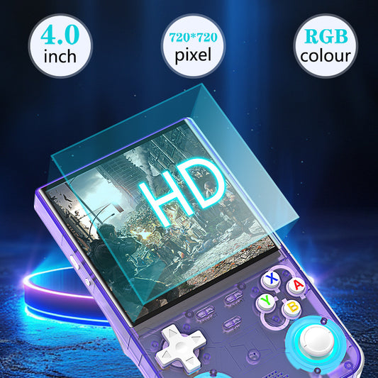 White handheld game console with a 4-inch HD screen, dual joysticks, and various buttons, shown with blue, black, and purple variants. - Image 2