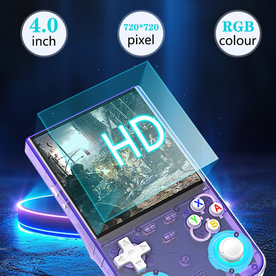 White handheld game console with a 4-inch HD screen, dual joysticks, and various buttons, shown with blue, black, and purple variants. - Image 2