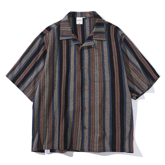 Camisa Retro Amekaji a Rayas de Estilo Étnico Manga Corta