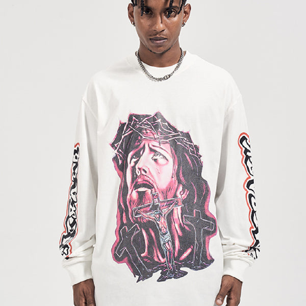 Playera Holgada de Manga Larga con Estampado de Cruz para Parejas