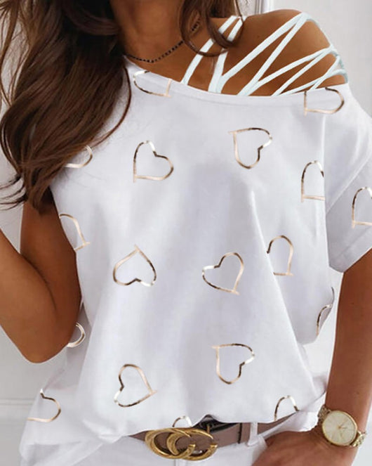 Camiseta Manga Corta Cuello Redondo Estampado Love Hombro Descubierto Mujer - Image 10