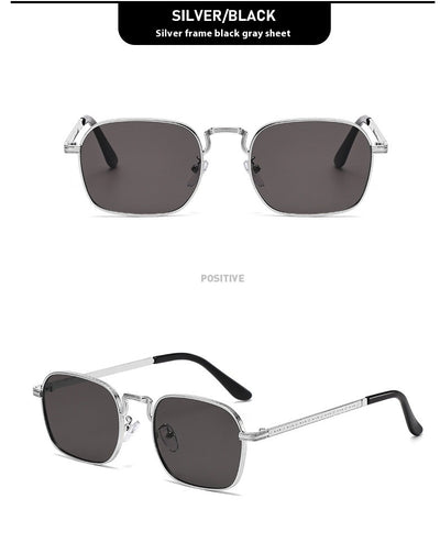 Gold frame square-oval sunglasses with gradient black and grey lenses and black temple tips on a white background. - Image 14