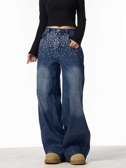 Pantalones Vaqueros Rectos Bordados Floral Vintage Mujer Cintura Alta Pierna Ancha - Image 7