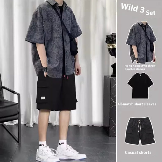 Conjunto de Tres Piezas Estilo Hong Kong - Camisa, Abrigo y Pantalones Cortos - Image 2