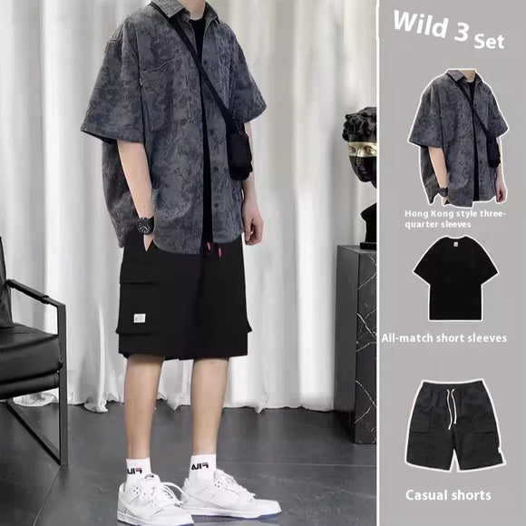 Conjunto de Tres Piezas Estilo Hong Kong - Camisa, Abrigo y Pantalones Cortos