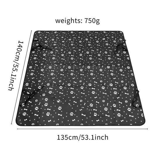 Pink car pet mat with white paw print and bone patterns, featuring black straps for securing to a rear seat. - Image 4