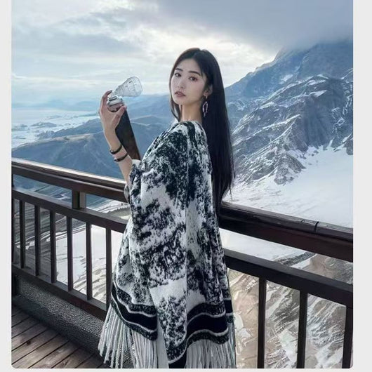 Chal Doble Faz con Pintura China - Abrigo Retro de Altura para Otoño e Invierno - Image 8