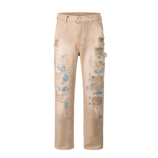 Jeans Azules con Efecto Salpicado de Tinta y Cierre Frontal