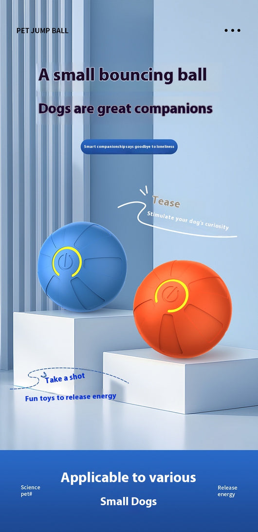 Upgraded blue electric jumping ball for pets with a yellow power button, made of chewable silicone, on a white pedestal. - Image 35