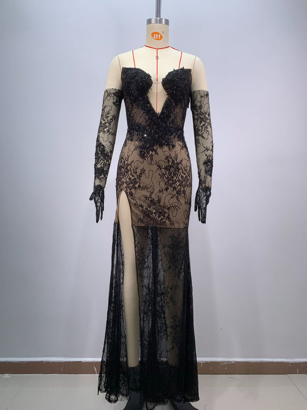 Vestido Largo Ajustado Negro con Encaje y Malla - Diseño Elegante con Abertura - Image 6