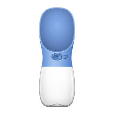 White portable pet water bottle with a clear reservoir and built-in drinking bowl, shown in a bag. - Image 19