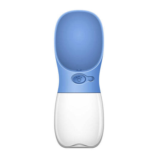 White portable pet water bottle with a clear reservoir and built-in drinking bowl, shown in a bag. - Image 19