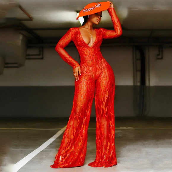 Jumpsuit Rojo con Lentejuelas y Escote Halter - Estilo Europeo