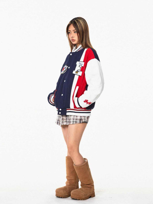 Chaqueta de Béisbol Retro con Parches de Contraste - Estilo Vintage Americano - Image 9