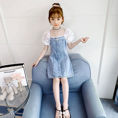 Vestido Denim Niña con Encaje y Mangas Abullonadas - Estilo A-Line Patchwork Verano - Image 2