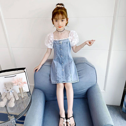 Vestido Denim Niña con Encaje y Mangas Abullonadas - Estilo A-Line Patchwork Verano - Image 2