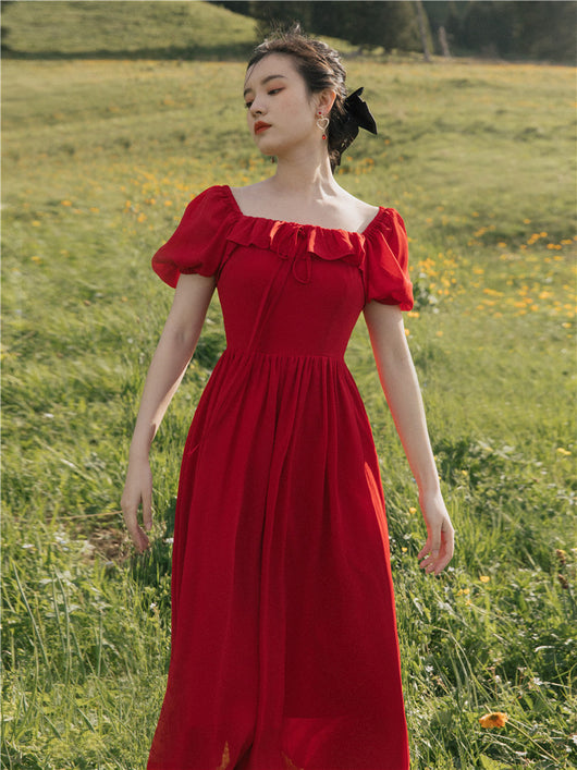 Vestido Largo Elegante con Cuello Cuadrado y Mangas Abullonadas