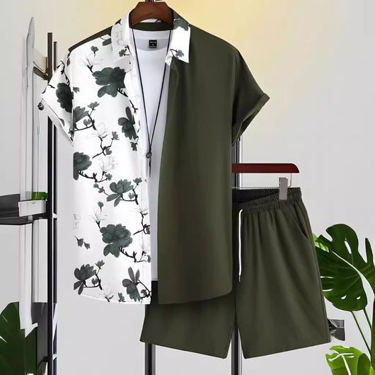 Conjunto de Camisa Hawaiana Hombre a Rayas Blanco y Negro