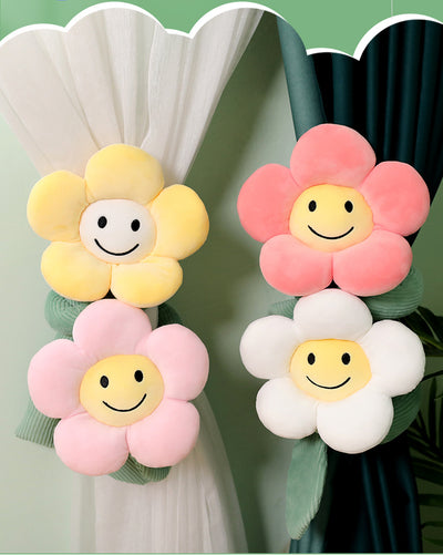 Plush white sunflower curtain buckle with a yellow smiley face center and green stem, holding back a dark green curtain. - Image 19