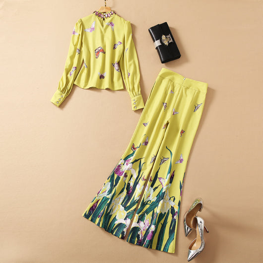 Conjunto Elegante: Blusa con Cuello de Pie y Cuentas + Pantalón Recto Estampado de Cintura Alta - Image 17