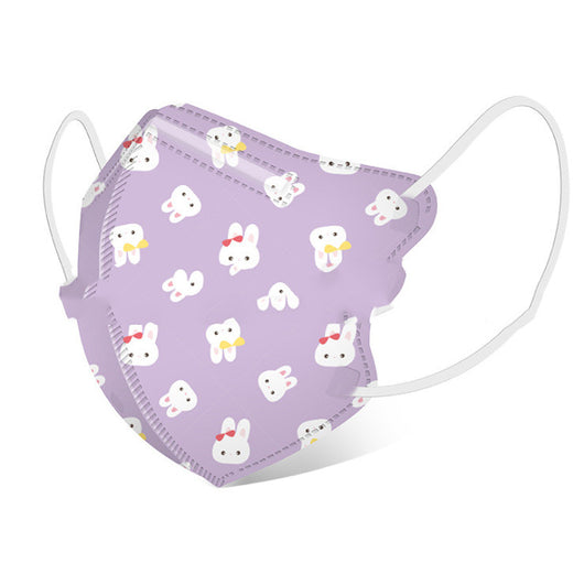 White children's 3D protective mask with a cartoon pattern of pink bears, blue cats, and trees, featuring ear loops. - Image 17