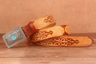 Cinturón de Cuero Grabado Estilo Étnico con Hebilla Lisa - Image 6