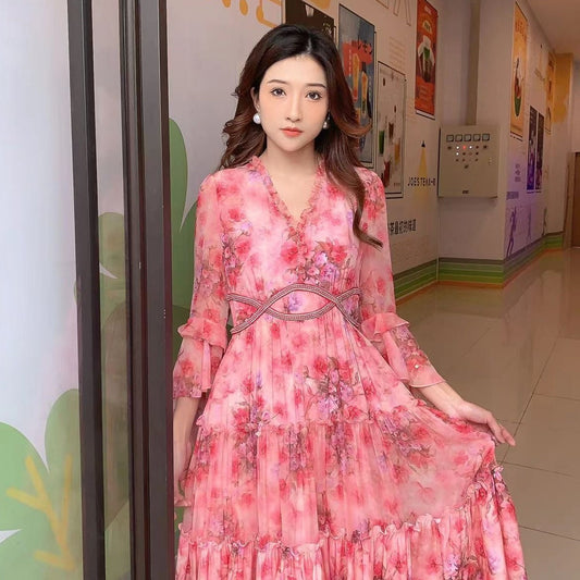 Vestido Largo de Manga Larga con Estampado Diamante para Verano - Image 2