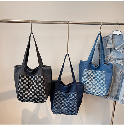 Bolsa Tote de Mezclilla Lavada con Patrón Escocés y Gran Capacidad - Image 10