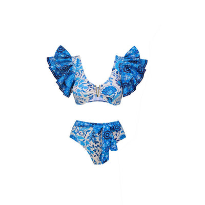 Women's blue and white floral two-piece swimsuit with ruffled cap sleeves and high-waisted bottom. - Image 12