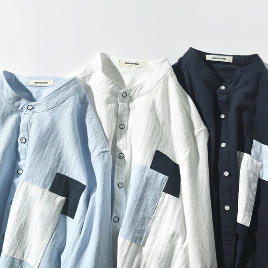 Camisa Hombre Manga Cinco Puntos Algodón Lino con Parches - Image 5