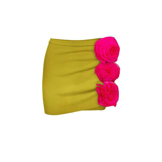 Chartreuse one-piece swimsuit with hot pink floral bust and matching mini skirt with side floral appliques. - Image 4