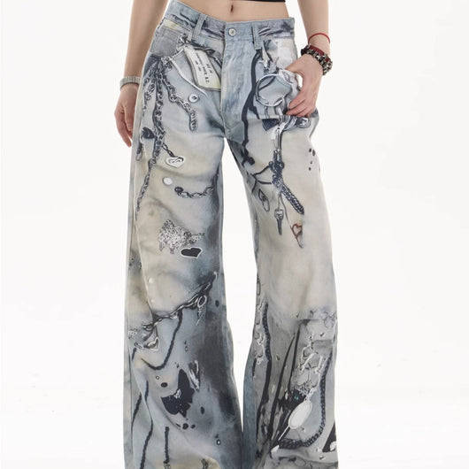 Pantalones Vaqueros Rectos de Pierna Ancha con Múltiples Bolsillos