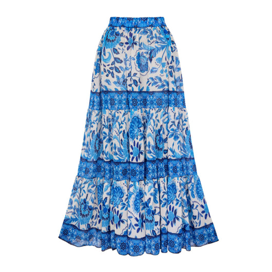 Women's blue and white floral two-piece swimsuit with ruffled cap sleeves and high-waisted bottom. - Image 18