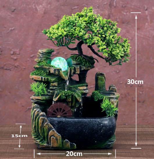 Resin desktop fountain with simulation rockery, a green bonsai tree, glowing orb, and water wheel. Measures 30cm tall. - Image 15