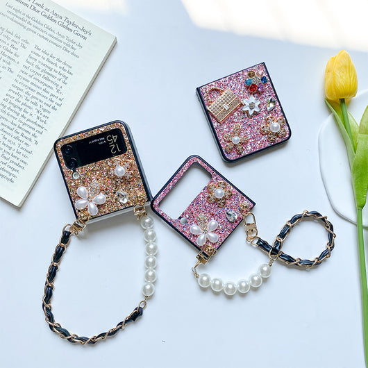 Funda Tipo Flip para Teléfono Plegable con Flores, Lentejuelas, Rhinestones y Perlas - Image 3