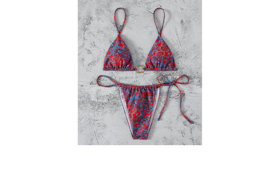 Green and yellow paisley print two-piece bikini swimsuit with a triangle top and tie-side thong bottom. - Image 19