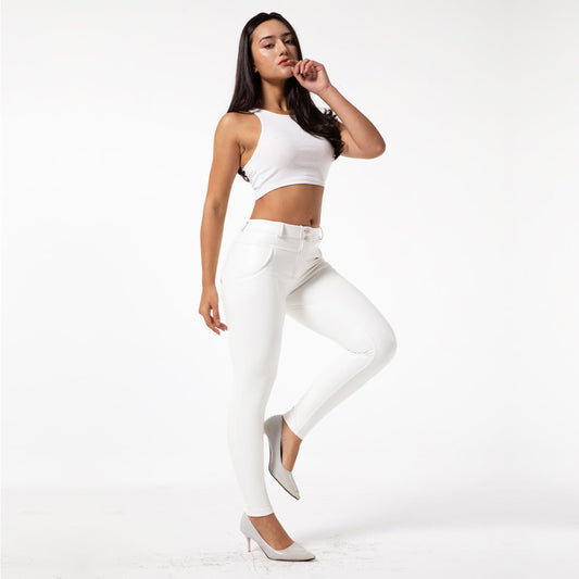 Pantalones de Cuero PU Blanco para Fitness y Entrenamiento